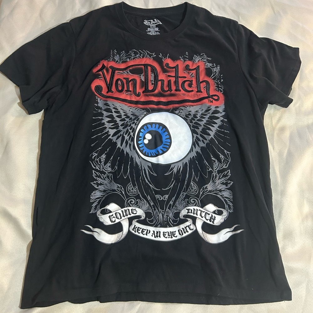 Von Dutch Black T‑Shirt with Red Logo and Blue Eye Graphic